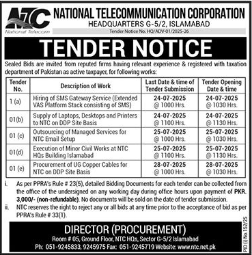 National Telecommunication Corporation Islamabad Tender Notice